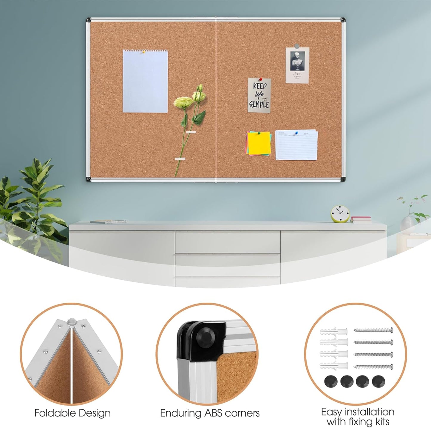 Board2by Extra Large Cork Bulletin Board 60" X 36", Foldable Notice Pin Board for Wall, Silver Aluminum Framed 5'x3' Corkboard, Wall Mounted Noticeboard with 36 Push Pins for School, Home & Office