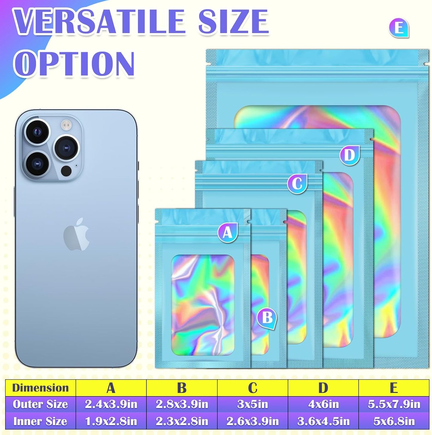 300 Pcs Mylar Bags, Smell Proof Bags Foil Pouch, Holographic Resealable Bags for Small Business, Candy Sample Jewelry Bag Sealable Packaging for Party Favor Food Storage (4x6in-Blue)