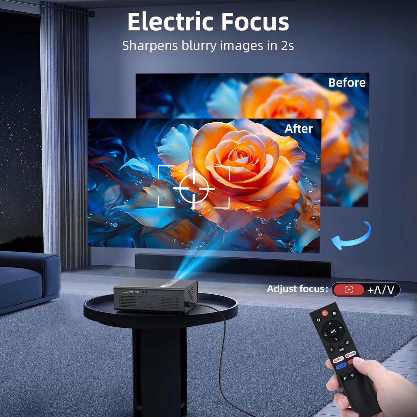 Netflix Licensed 4K Smart Projector, FUDONI Native 1080P Projector with WiFi 6 and Bluetooth, Built-in Apps, Auto Keystone & ELectric Focus, Compatible with Phone/Laptop/TV Stick, Indoor/Outdoor Use