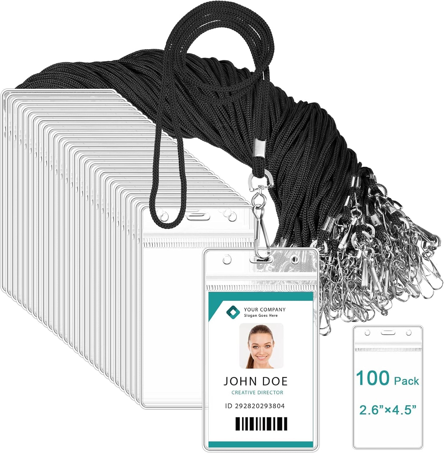Marspark 100 Pieces Lanyards for ID Badges Name Tag Lanyards Bulk Neck Lanyard Badge Holder for Reel ID Card Name Badge Holder Waterproof Plastic Resealable Card Sleeves Hook Cords(Black)
