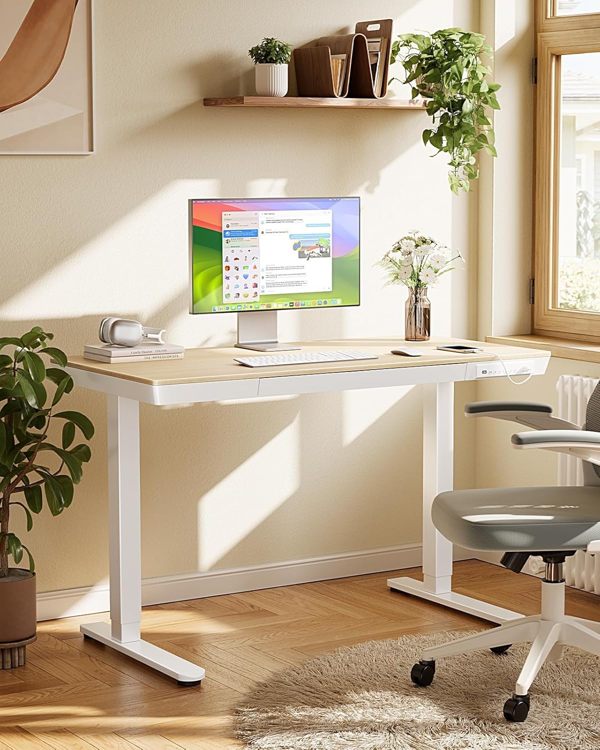 Marsail Electric Solid Standing Desk, 48 x 24 inch Standing Desk with Drawer, Sit Stand Desk with Tabletop & USB Charging Ports, Height Adjustable Desk with Storage for Home & Office Natural