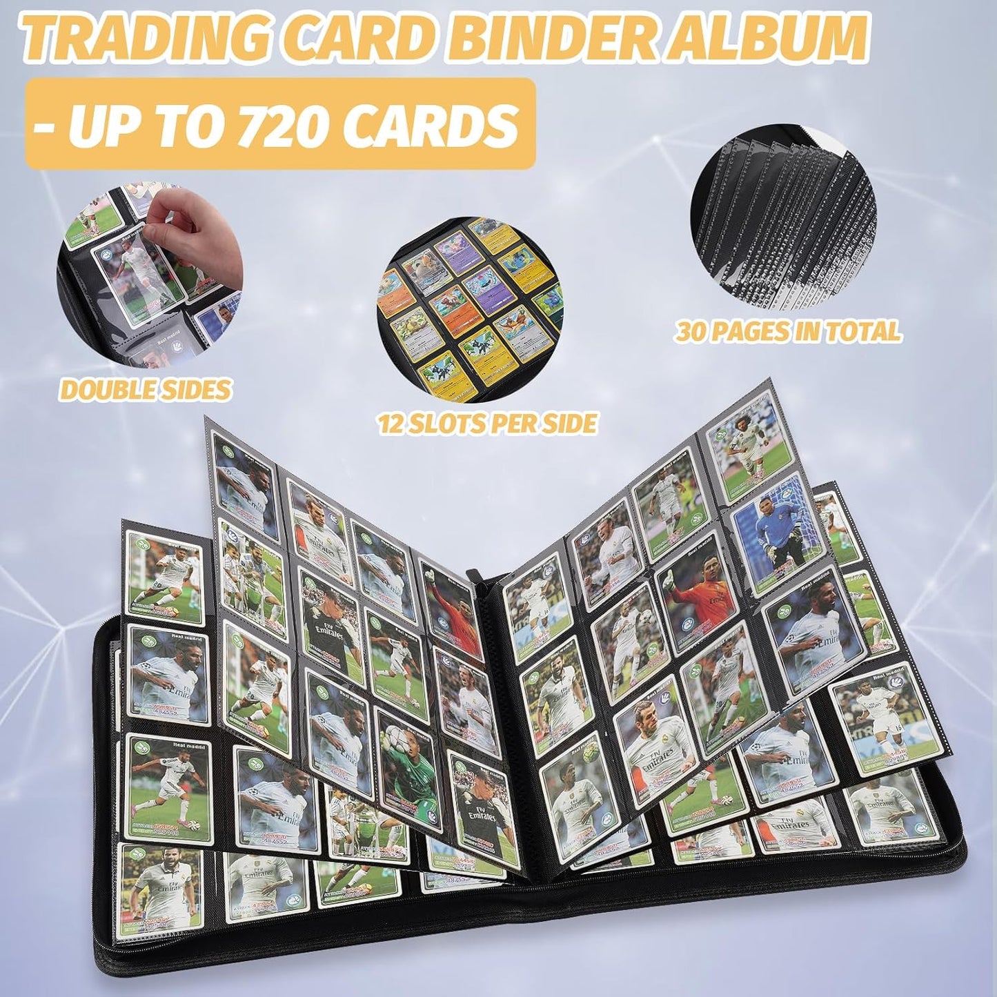 Trading Card Binder 12 Pocket, GERMUN PU Cover Card Binder for 720 Cards, Premium Trading Card Holder Folders, Double Sided Pocket Card Album for MTG, TCG (Carbon Black)