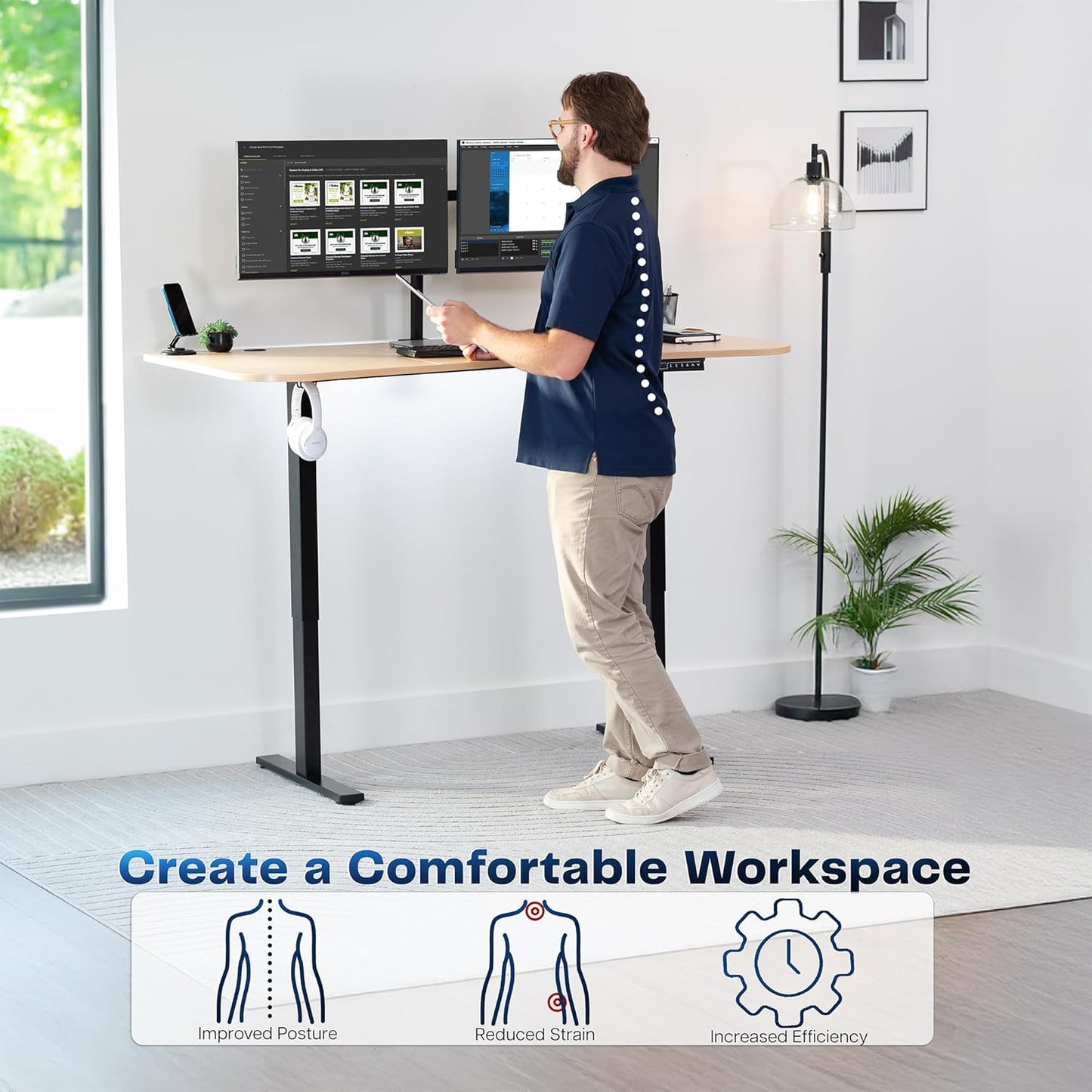 VIVO Electric 63 x 32 in Standing Desk, Memory Height Adjustment, 1B Series, Light Wood Top Black Frame, DESK-KIT-1B1C