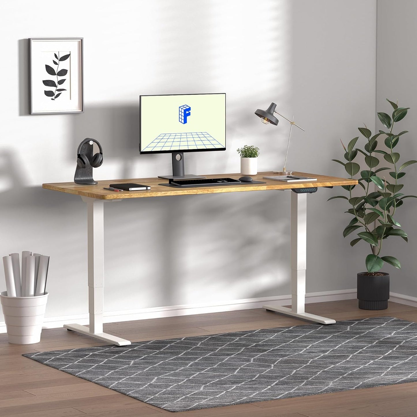 FLEXISPOT E6 MAX Rubber Wood Dual Motor 3 Stages Standing Desk 63x24 Inch Whole-Piece Board Electric Height Adjustable Stand Up Desk 150KG Load Capacity(White Frame + Rubber Wood Desktop)