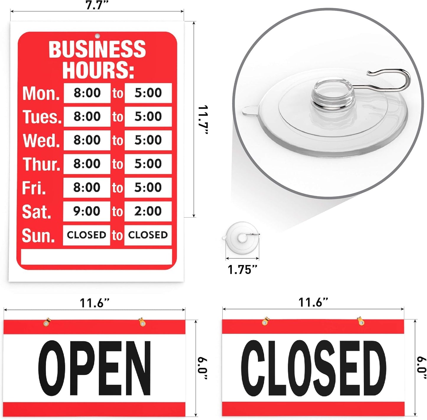 ASSURED SIGNS Open Closed Sign for Business - 2 Pack - Ideal Office Hours Sign for Glass Door or Window - Bright Red and White Colors - Includes 4 Double Sided Adhesive Pads and a Black Number Sticker Set - Perfect Open and Closed Signs for any Store