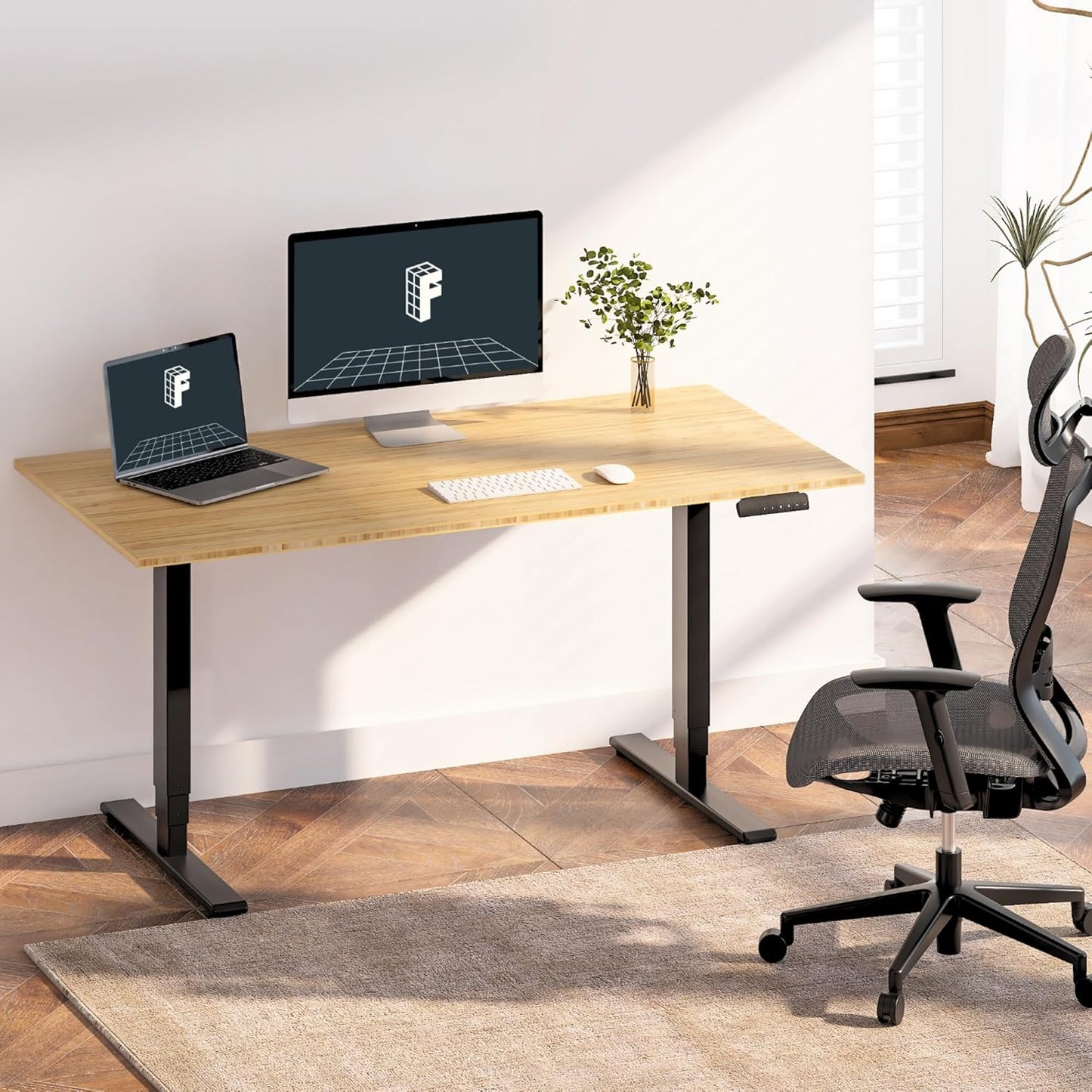 FLEXISPOT E6 Essential Bamboo 3 Stages Dual Motor 78x30 Inch Electric Height Adjustable Standing Whole-Piece Board Desk Sit Stand Up Desk (Black Frame + Bamboo Desktop)