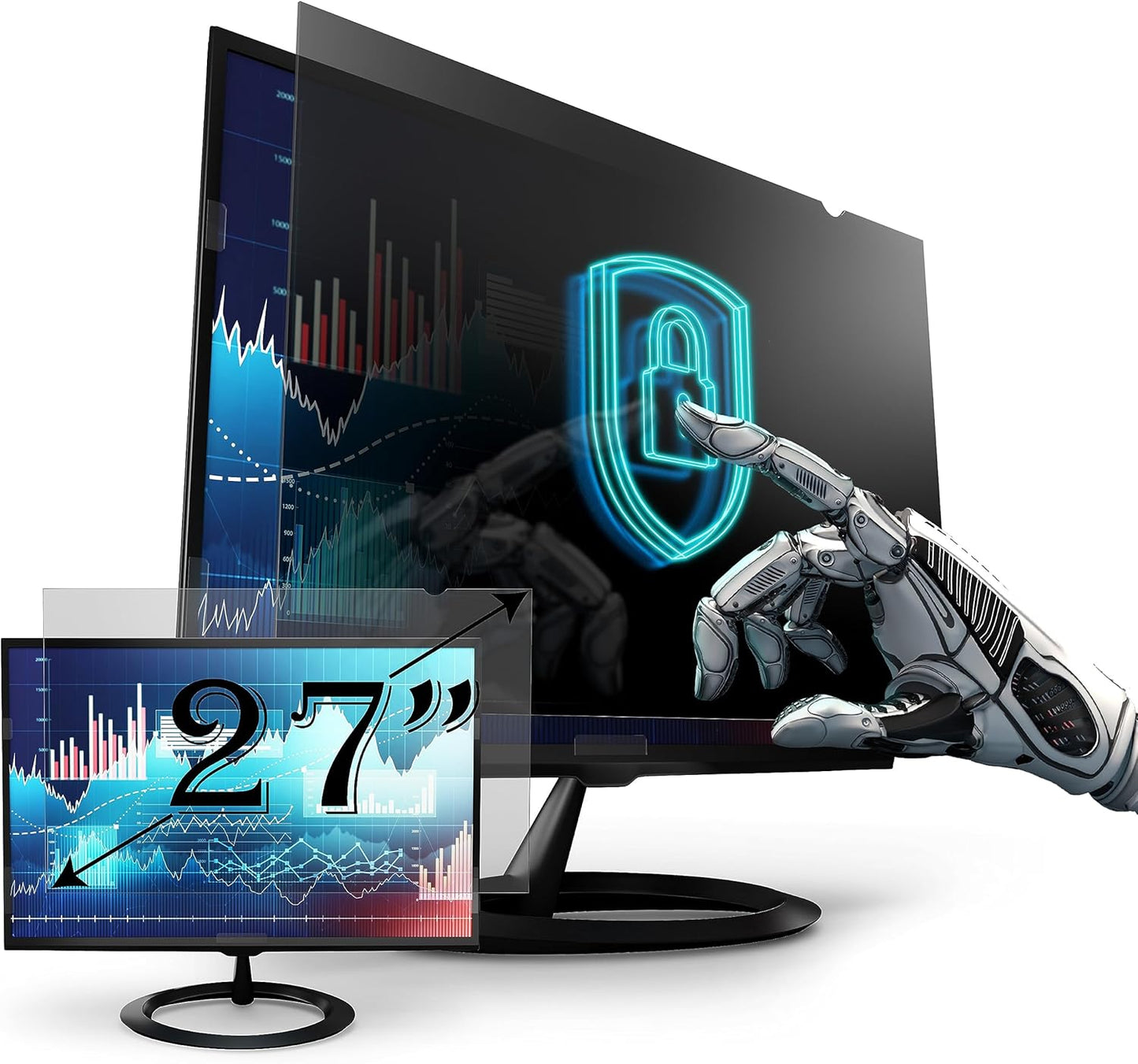 Premium Privacy Screen Filter for 27 Inches Desktop Computer Monitor with Aspect Ratio 16:9. Screen Protector Size is 23.54 inch width x 13.27 inch height. Anti Glare and Anti Blue Light Protection