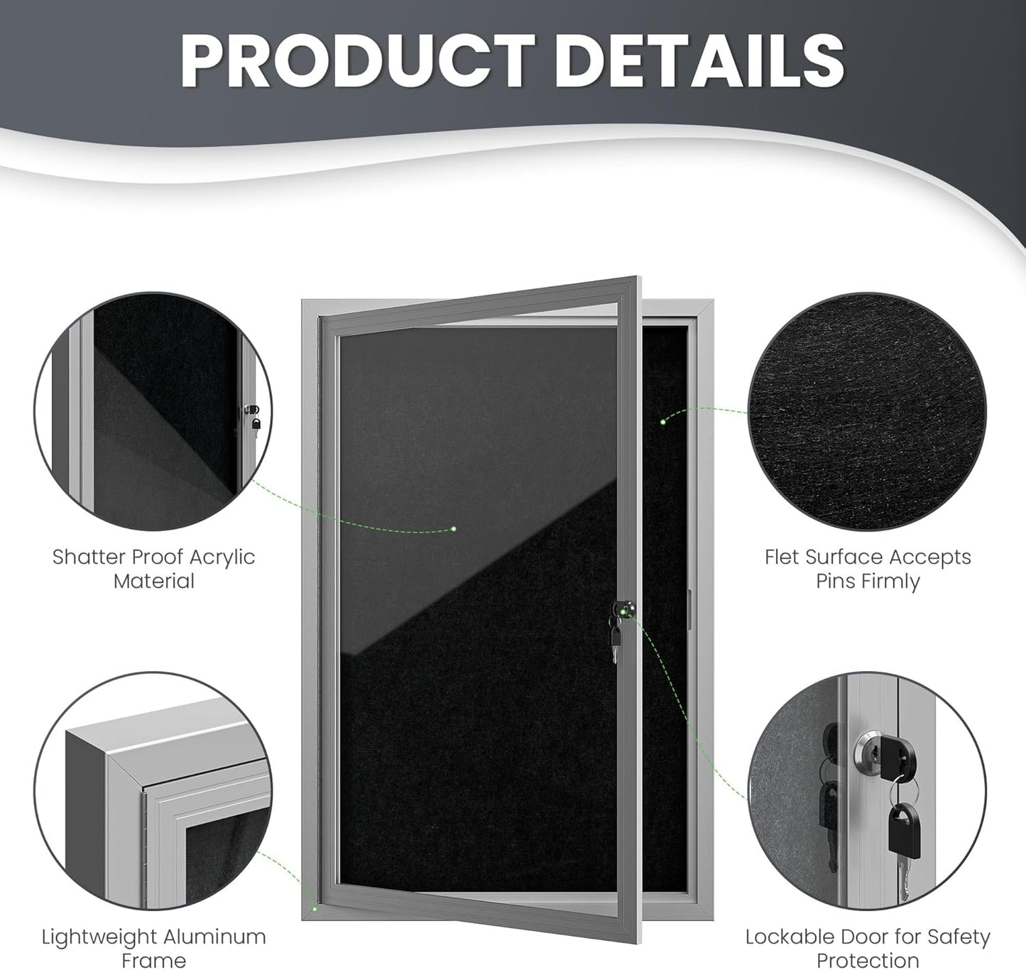 36"x24" Lockable Enclosed Bulletin Board, Outdoor Flet Weather-Resistant Aluminum Frame Notice Board, Wall Mounted Display Case Acrylic Doors for School,Office,Silver Frame w/Black Flet