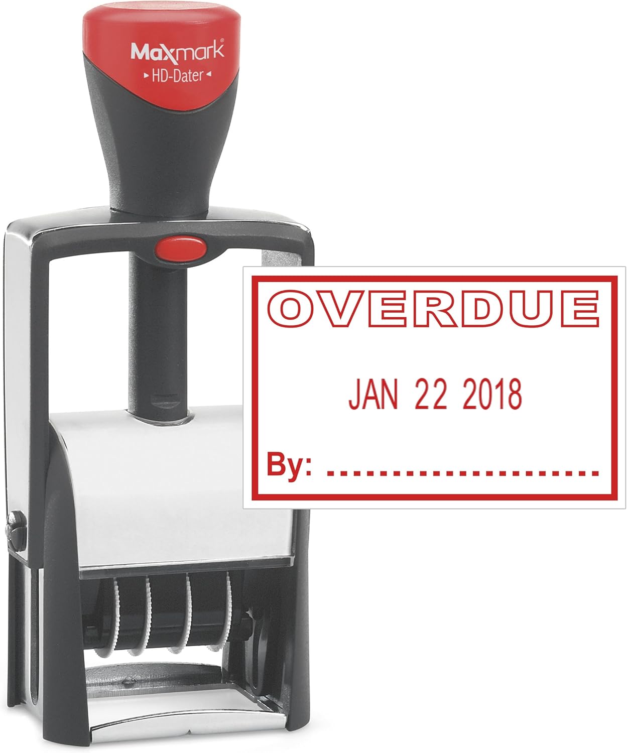MaxMark Heavy Duty Self Inking Date Stamp with Phrase Overdue - Red Ink