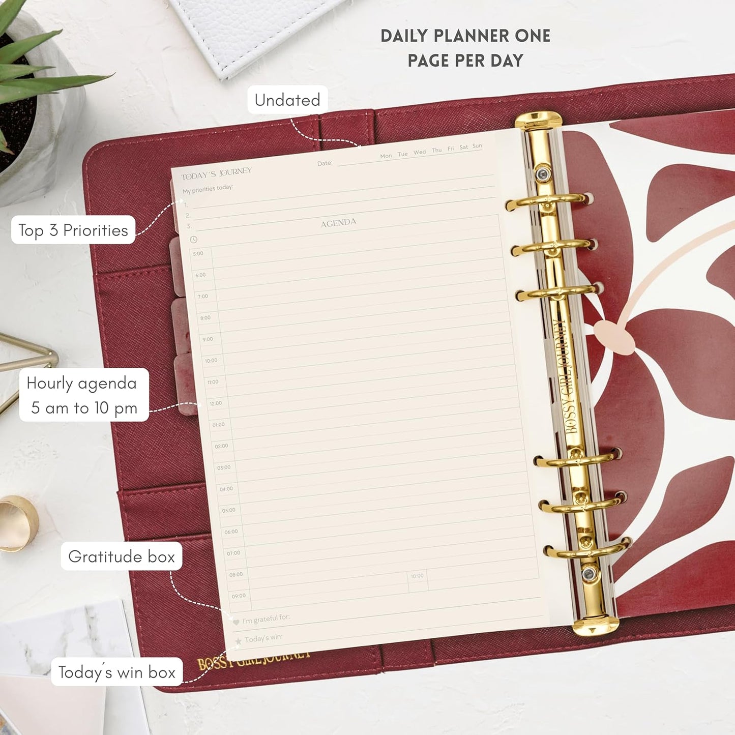 Bossy Girl Journey - A5 Daily Planner Binder – Undated Time Blocking Refillable Organizer for Women with 110gsm Paper, PU Leather Cover, Stickers, Dividers, Pen Loop, Gift Box – Goal Setting & Productivity (Granate)
