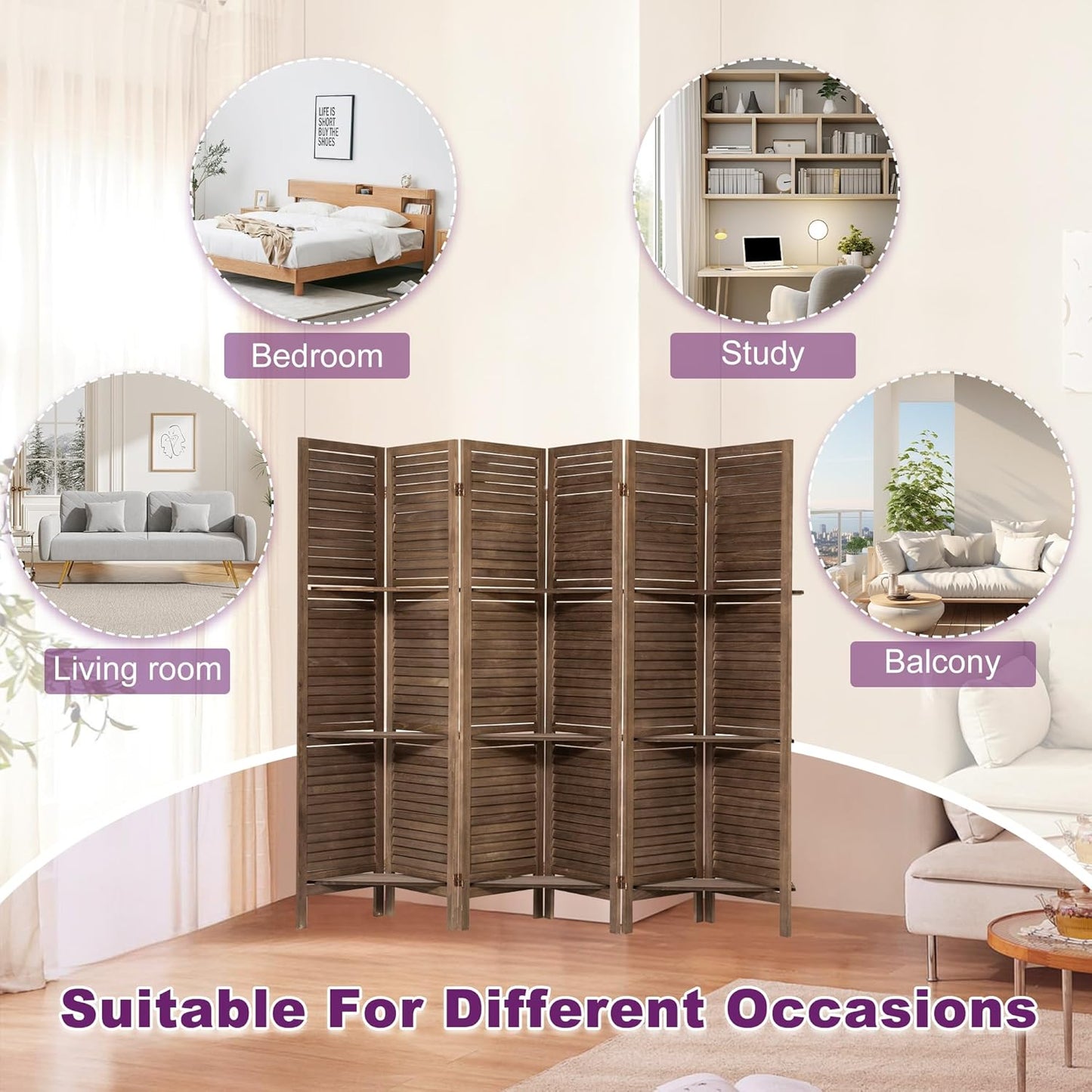 Room Divider with Shelves, 5.6FT Folding Room Divider Panel, 6 Panel Wood Partition Wall Divider for Room Separation, Dark Brown