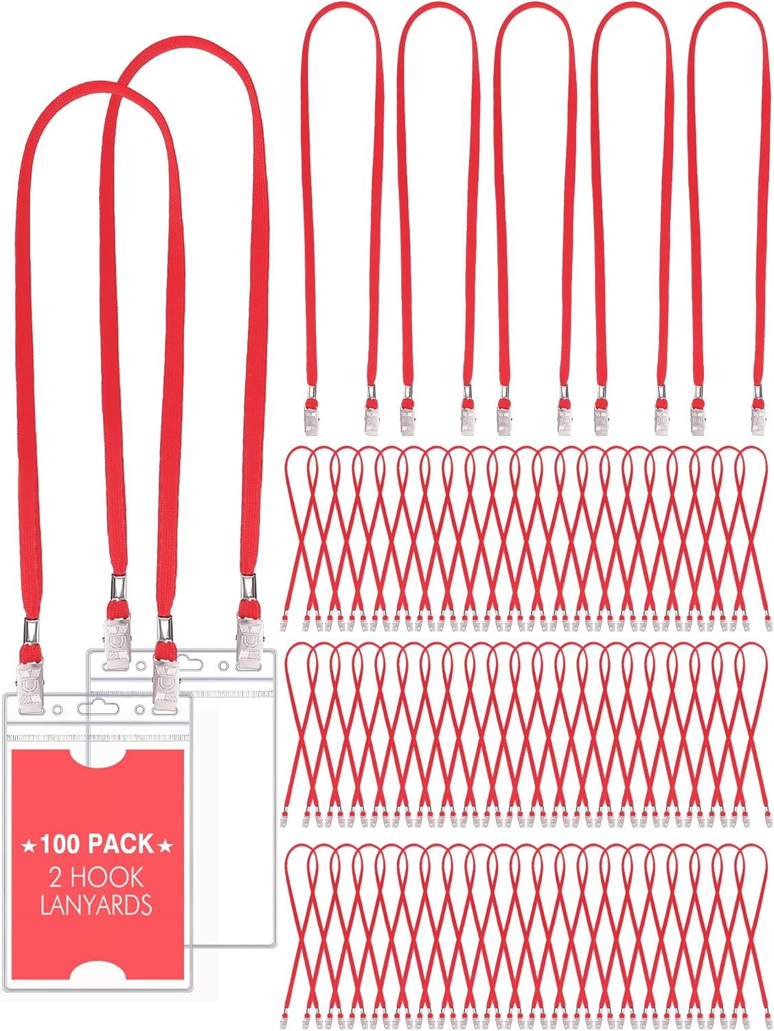 Patelai 100 Pack Double Clip Lanyards Bulk Face Mask Lanyard Twist Free 2 Hook Design Adjustable Badge Neck Strap for Conference Office Class Essential Back to School Gifts ID Card Keychain (Red)