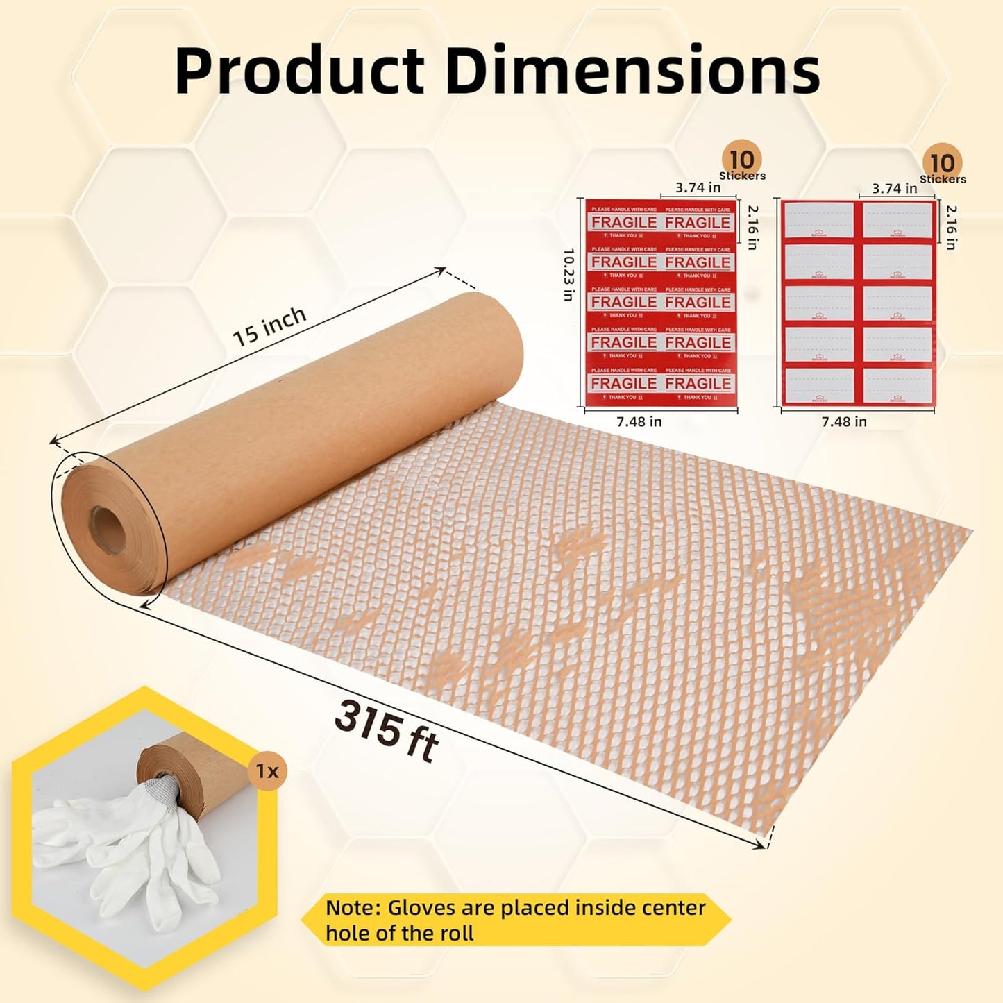 Honeycomb Packing Paper 15"x315' Roll with Fragile & Labeling Stickers, Gloves - Bubble Wrap for Moving,Products & Gifts Wrapping Paper, Recyclable & Biodegradable Cushioning Packing Material.