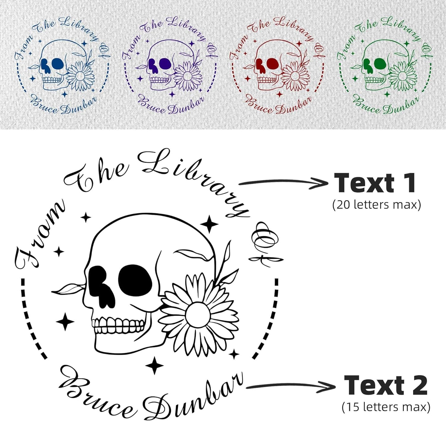 Skull Themed Library Book Embosser， Custom Book Business Card Paper Document Notebook, Self Inking Stamp，Book Lover Gifts，Christmas Gifts (Style13)