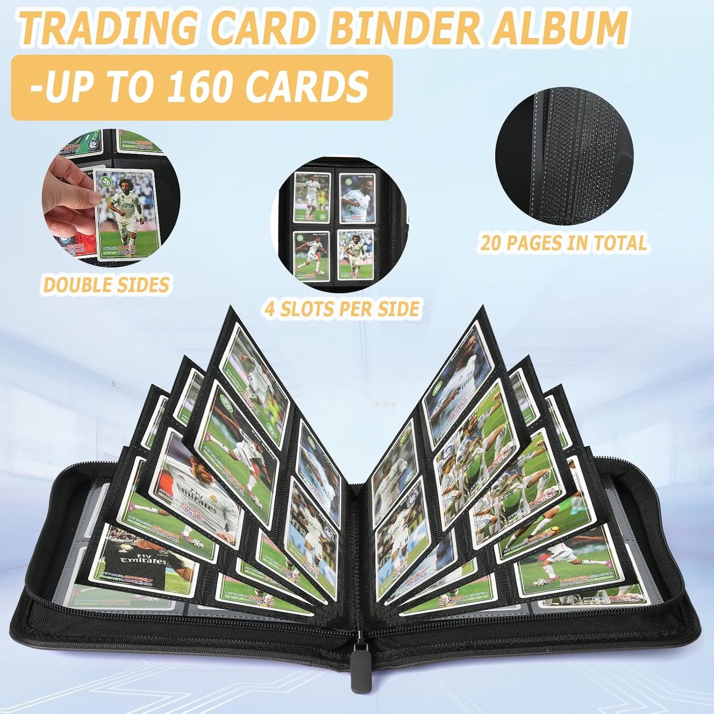 Trading Card Binder 4 Pocket, GERMUN PU Cover Card Binder for 160 Cards, Premium Trading Card Holder Folders, Double Sided Pocket Card Album for MTG, TCG (Black)