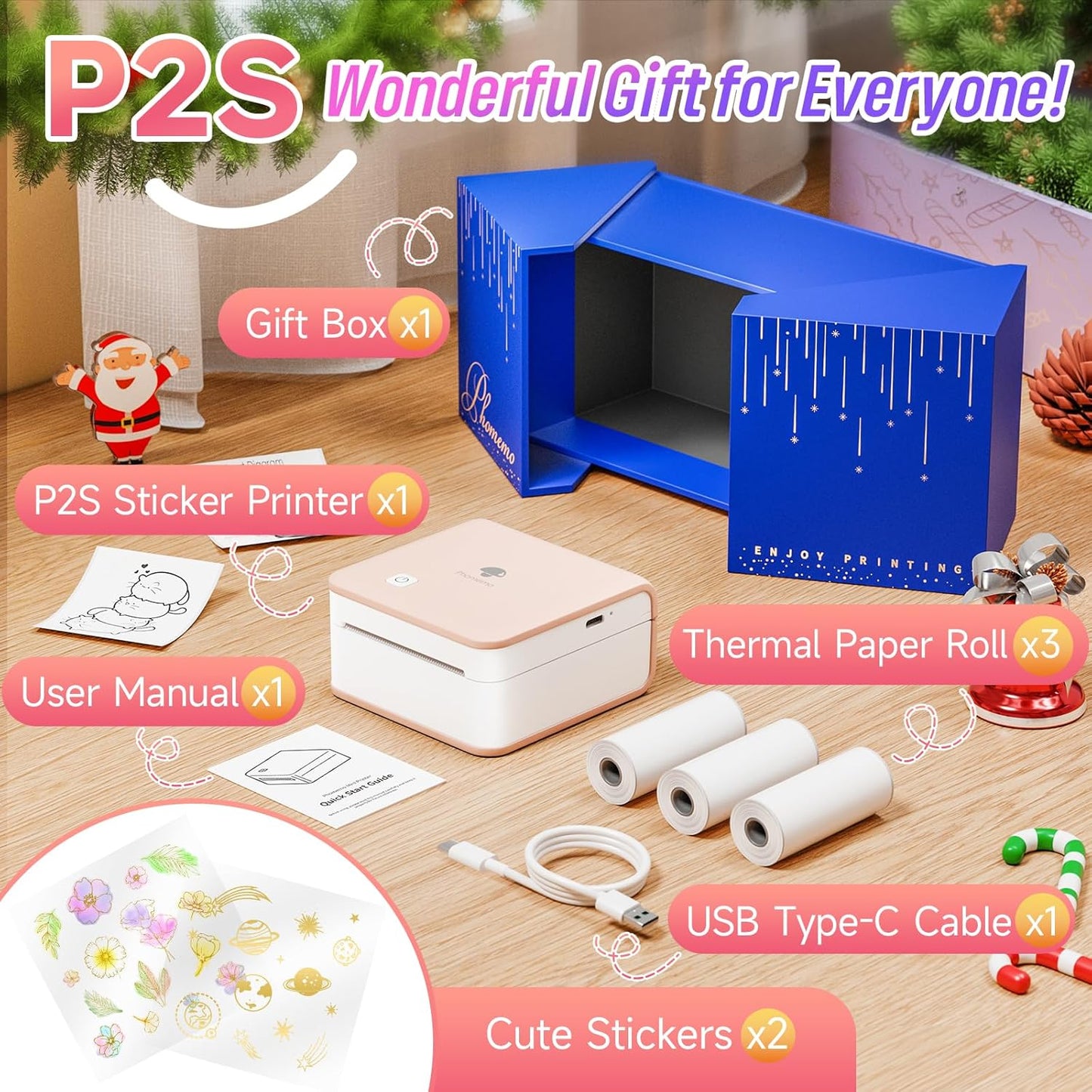 Phomemo Mini Printer Sticker Maker - Mini Sticker Printer P2S, Print Pod Pocket Machine Bluetooth Thermal Label Maker for Study Notes, Photos, List, Memo, Gift, Receipt, 3 Rolls Paper, Pink