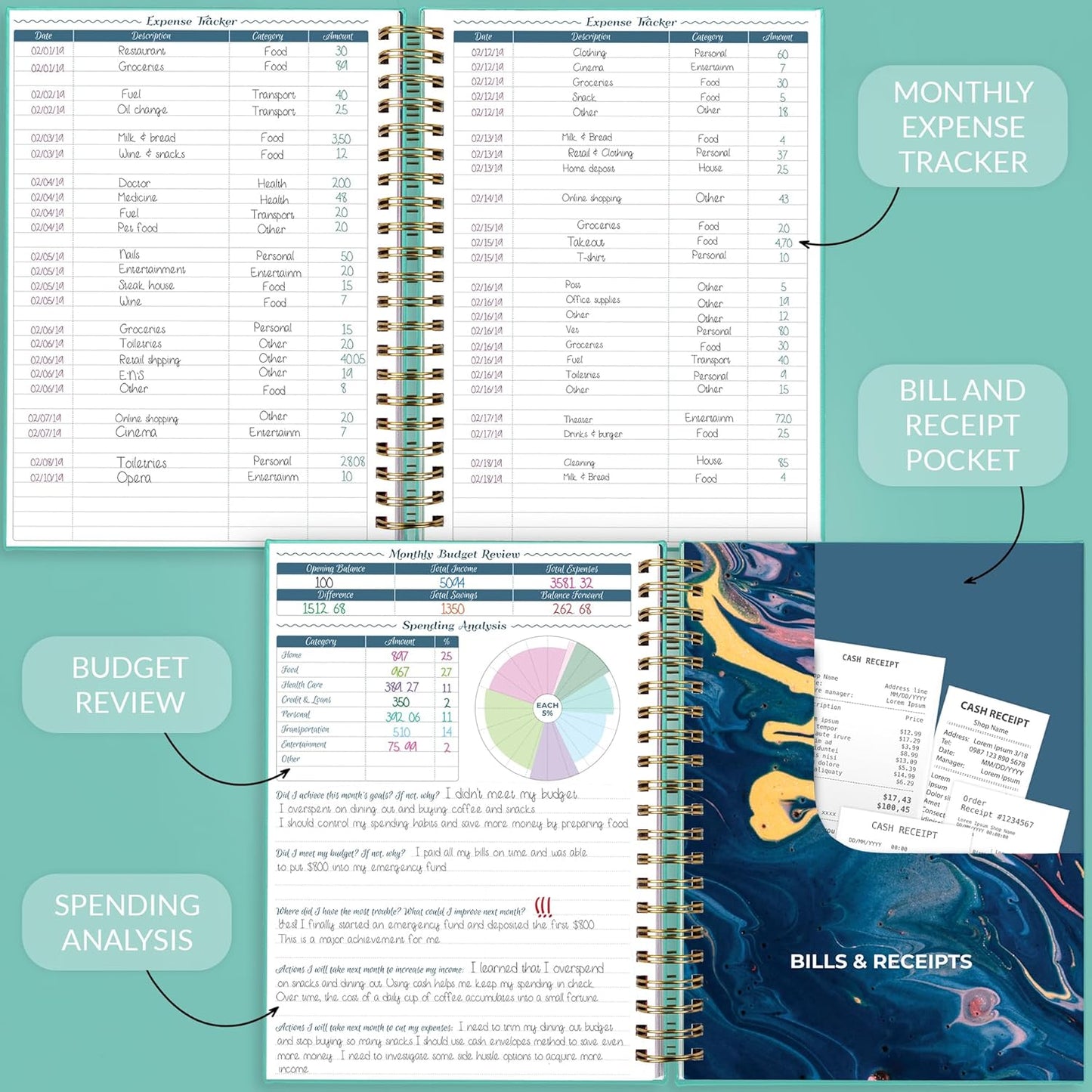 GoGirl Budget Planner & Monthly Bill Organizer – Monthly Financial Book with Pockets. Expense Tracker Notebook Journal, Large (Mint Green)