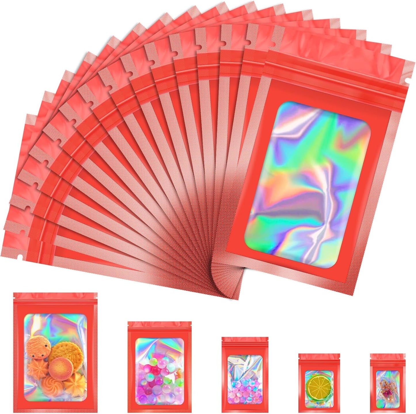 100 Pcs Mylar Bags, Smell Proof Bags Foil Pouch, Holographic Resealable Bags for Small Business, Candy Sample Jewelry Bag Sealable Packaging for Party Favor Food Storage (3x5in-Red)