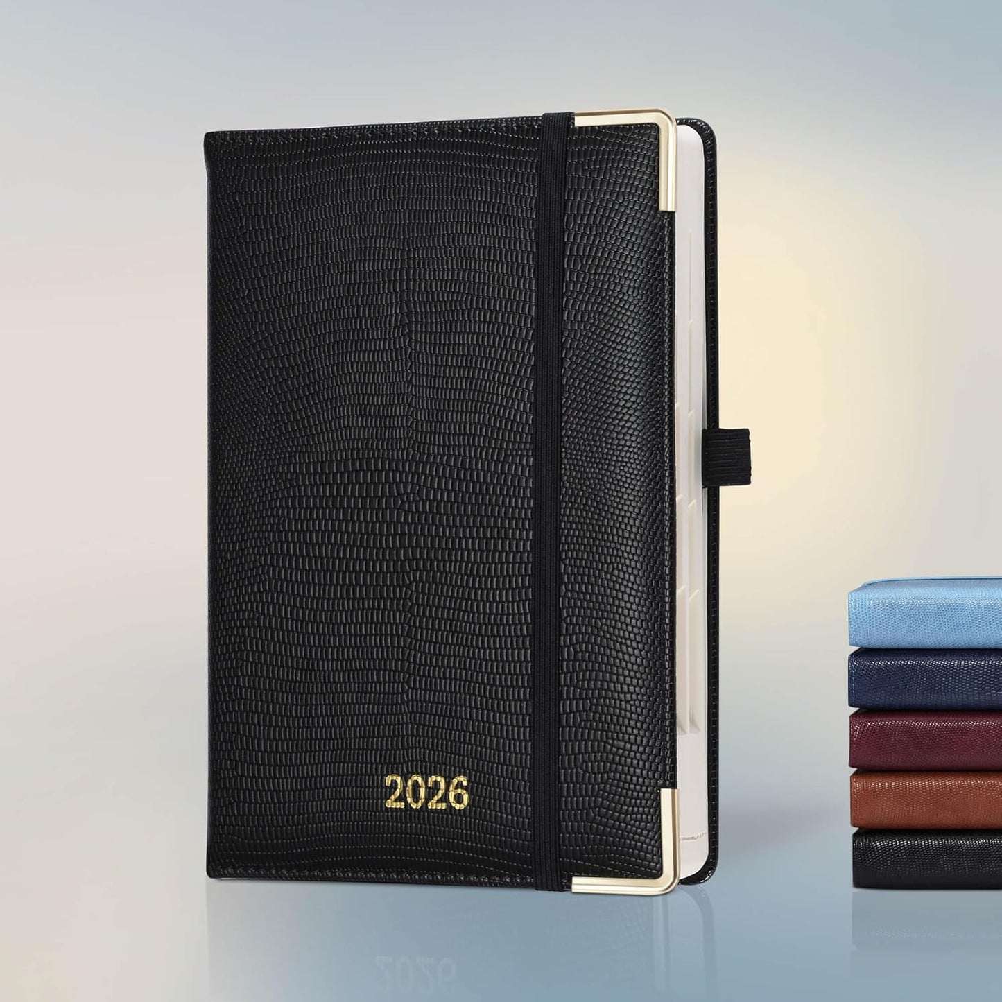 Daily Planner 2026 with One Page Per Day,(A5-8.5" x 5.9"),12 Months Calendar Hourly Appointment Book Monthly Tabs&Self-adhesive Pen Holder,Inner Pocket,Durable Vegan Leather Hardback,Black