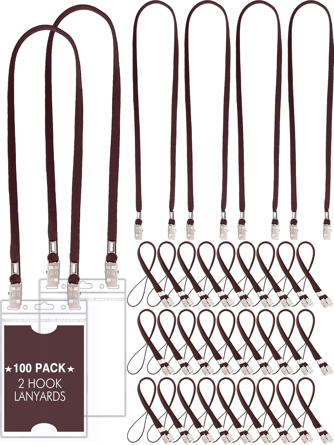 Patelai 100 Pack Double Clip Lanyards Bulk Face Mask Lanyard Twist Free 2 Hook Design Adjustable Badge Neck Strap for Conference Office Class Essential Back to School Gifts ID Card Keychain (Brown)