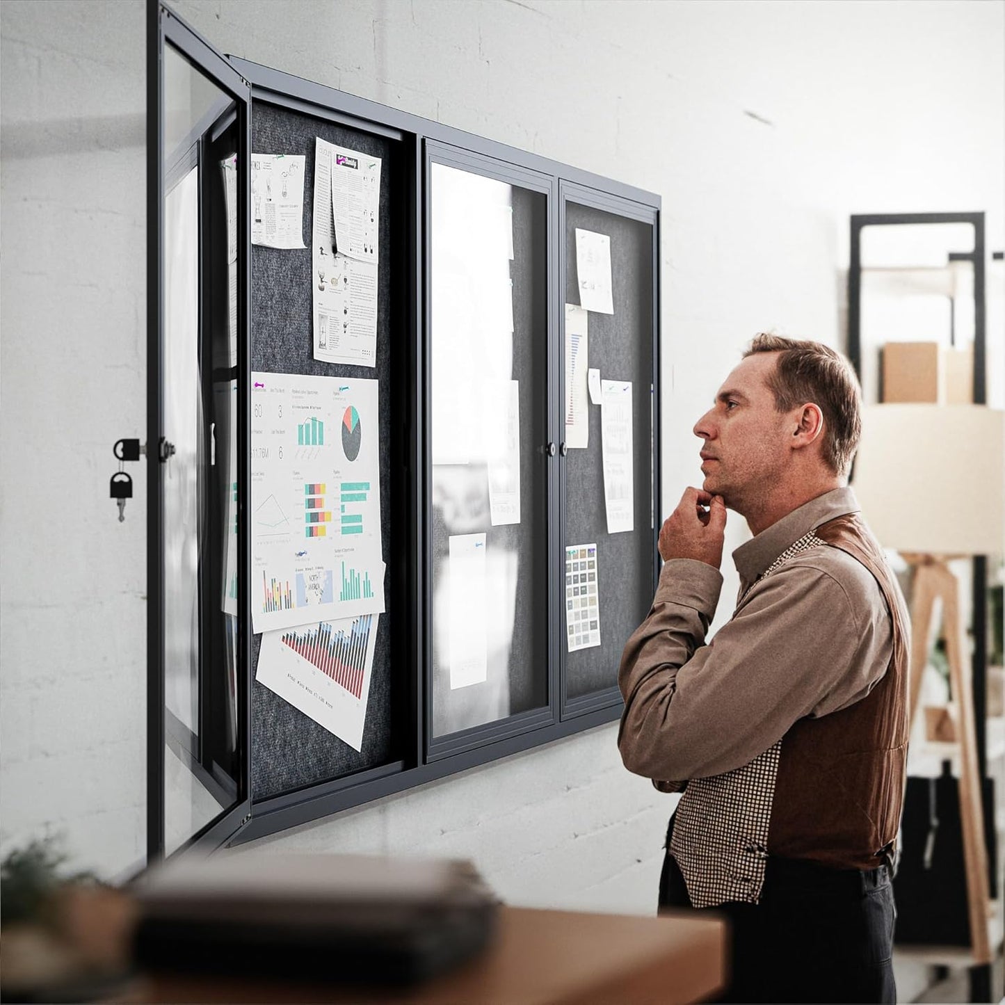 72"x36" Lockable Enclosed Bulletin Board, Outdoor Flet Weather-Resistant Aluminum Frame Notice Board, Wall Mounted Display Case Acrylic Doors for School,Office,Black Frame w/Grey Flet