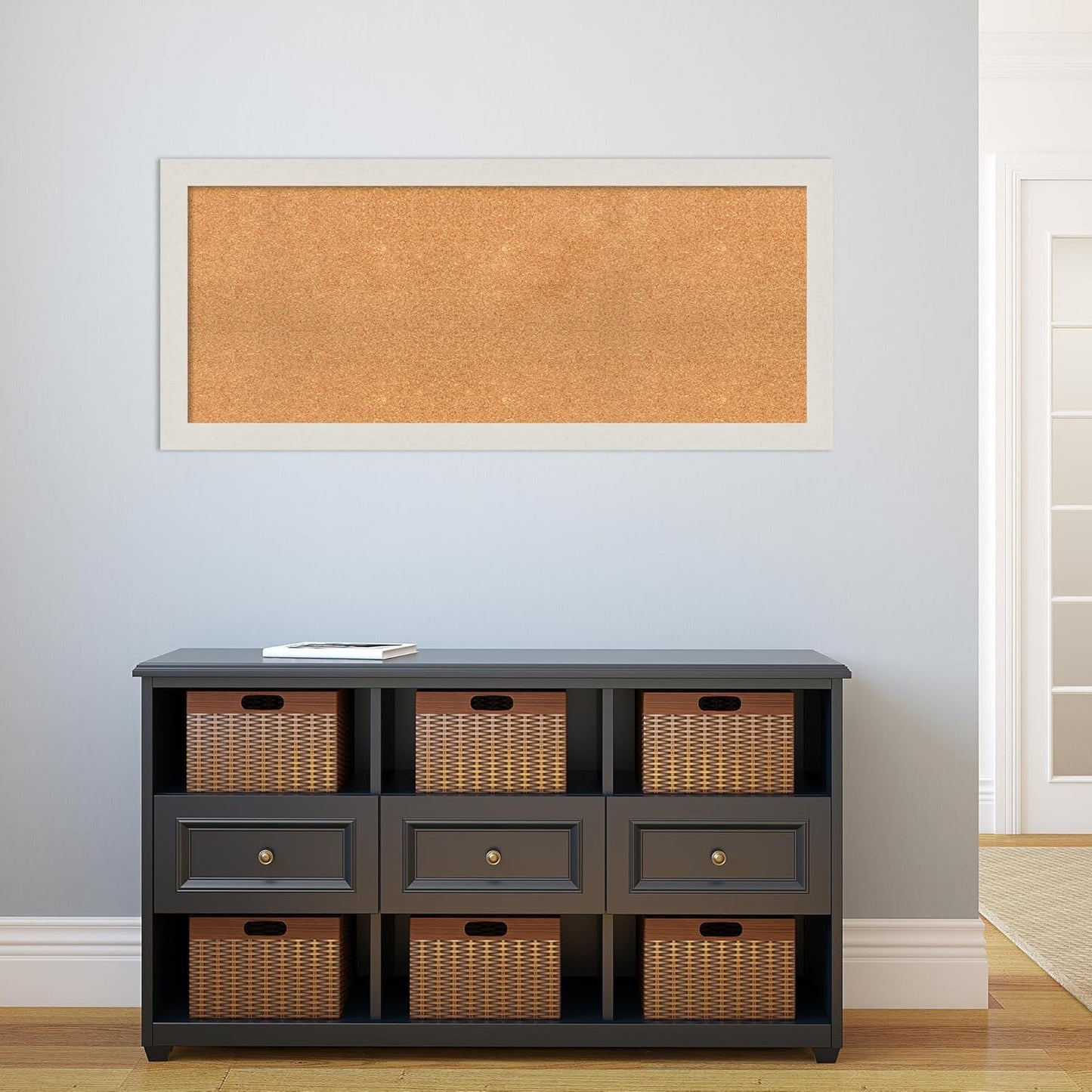 Amanti Art Natural Cork Board for Wall, 21x49 Vision Board with White Frame, Oversize Corkboard Office Decor for Home Organization, Country Rustic Corkboard Pinboard to Display Items for Home