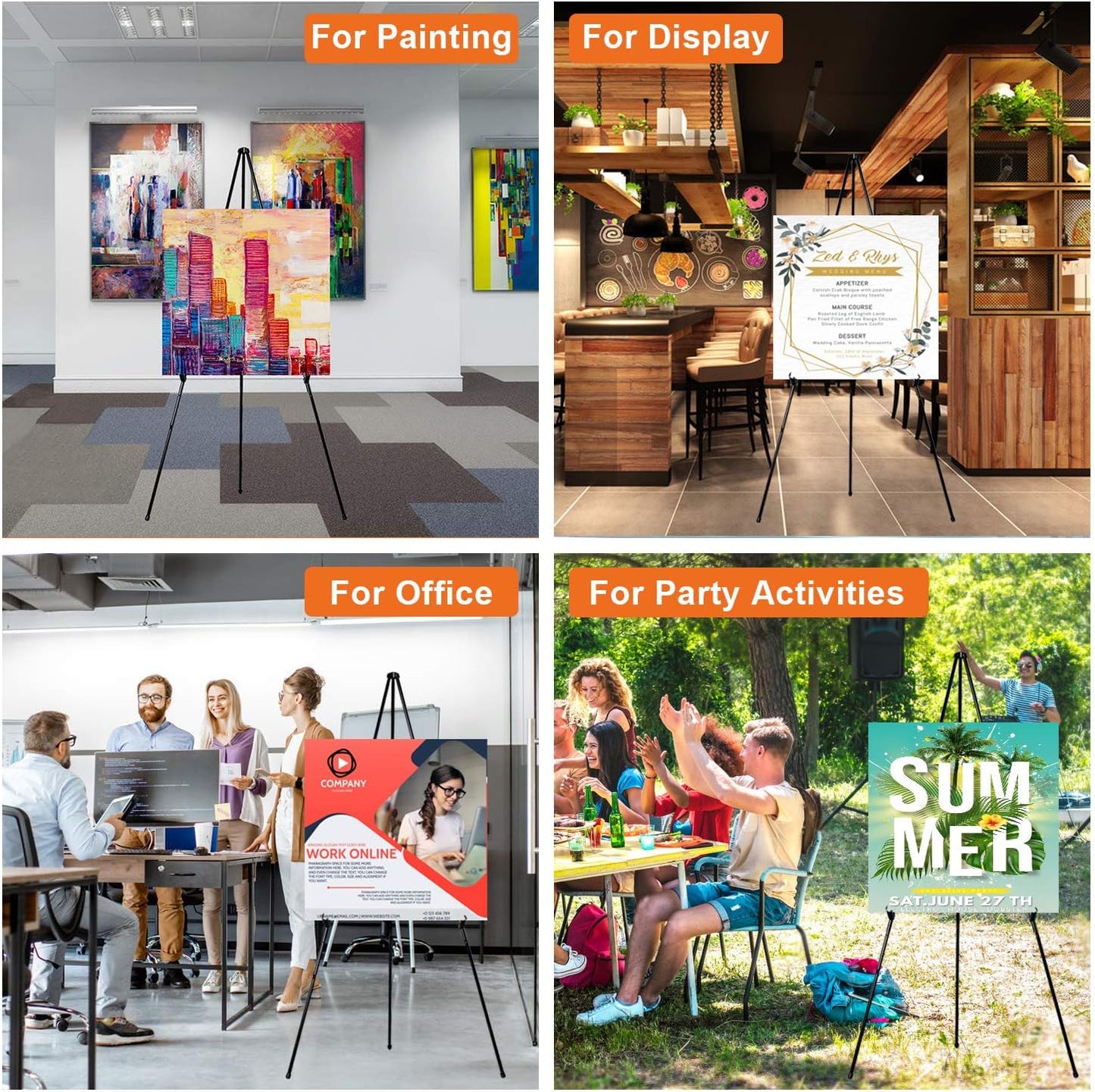 63" Folding Easel Stand for Display,Adjustable Floor Poster Easel for Arts,Pictures,Paintings,Telescoping Black Metal Easel Fit for Signs at Exhibition,Lobby,Holds 5lbs,3Pack