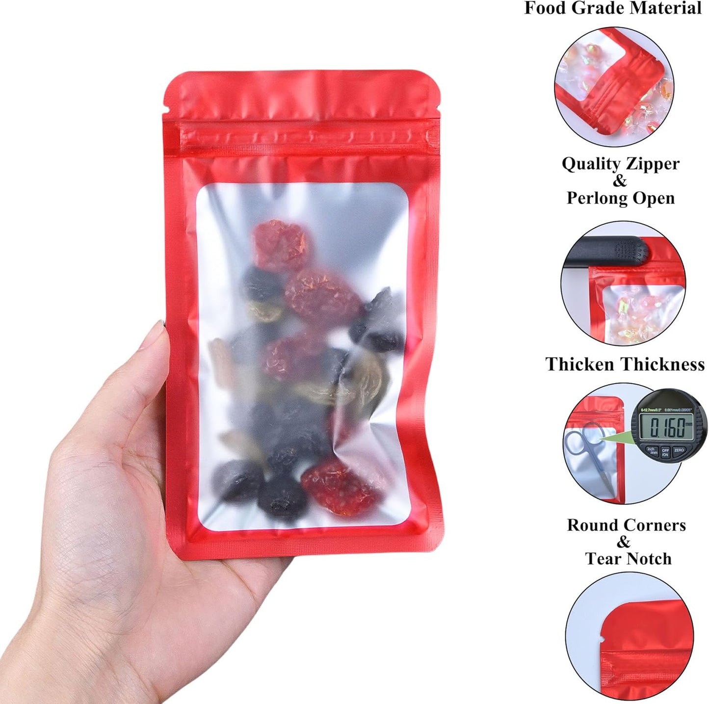 Resealable Mylar Pouch Bag Great for Office Home Party Favor Food Storage (100PCS, Red Color, 3.5 x 6.3 inch)