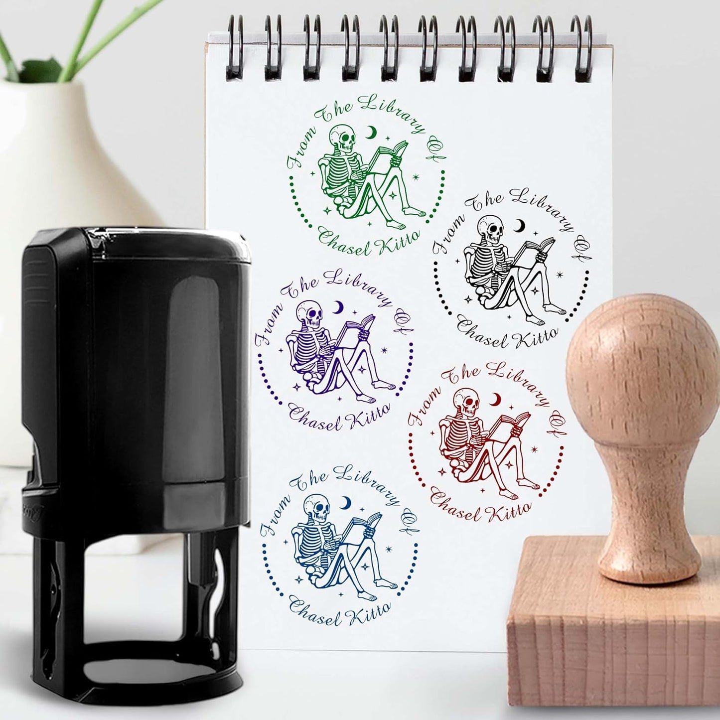 Skull Themed Library Book Embosser， Custom Book Business Card Paper Document Notebook，Self Inking Stamp，Book Lover Gifts，Christmas Gifts (Style08)