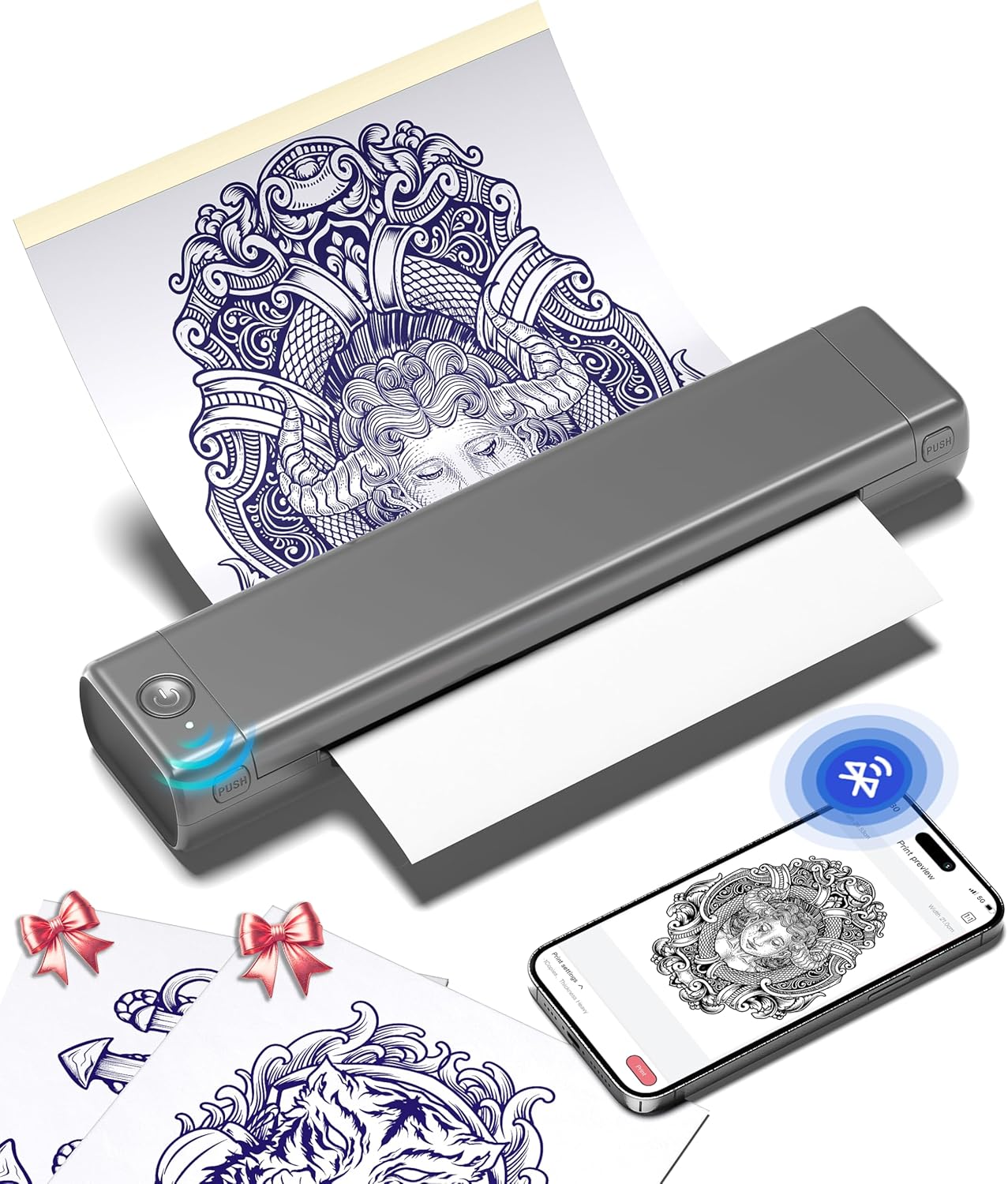 Phomemo Tattoo Stencil Printer, M08F Wireless Thermal Tattoo Printer with 10pcs Transfer Paper, Compatible with Phone/Tablet/PC, Tattoo Supplies for Tattoo Artists & Beginners, Grey