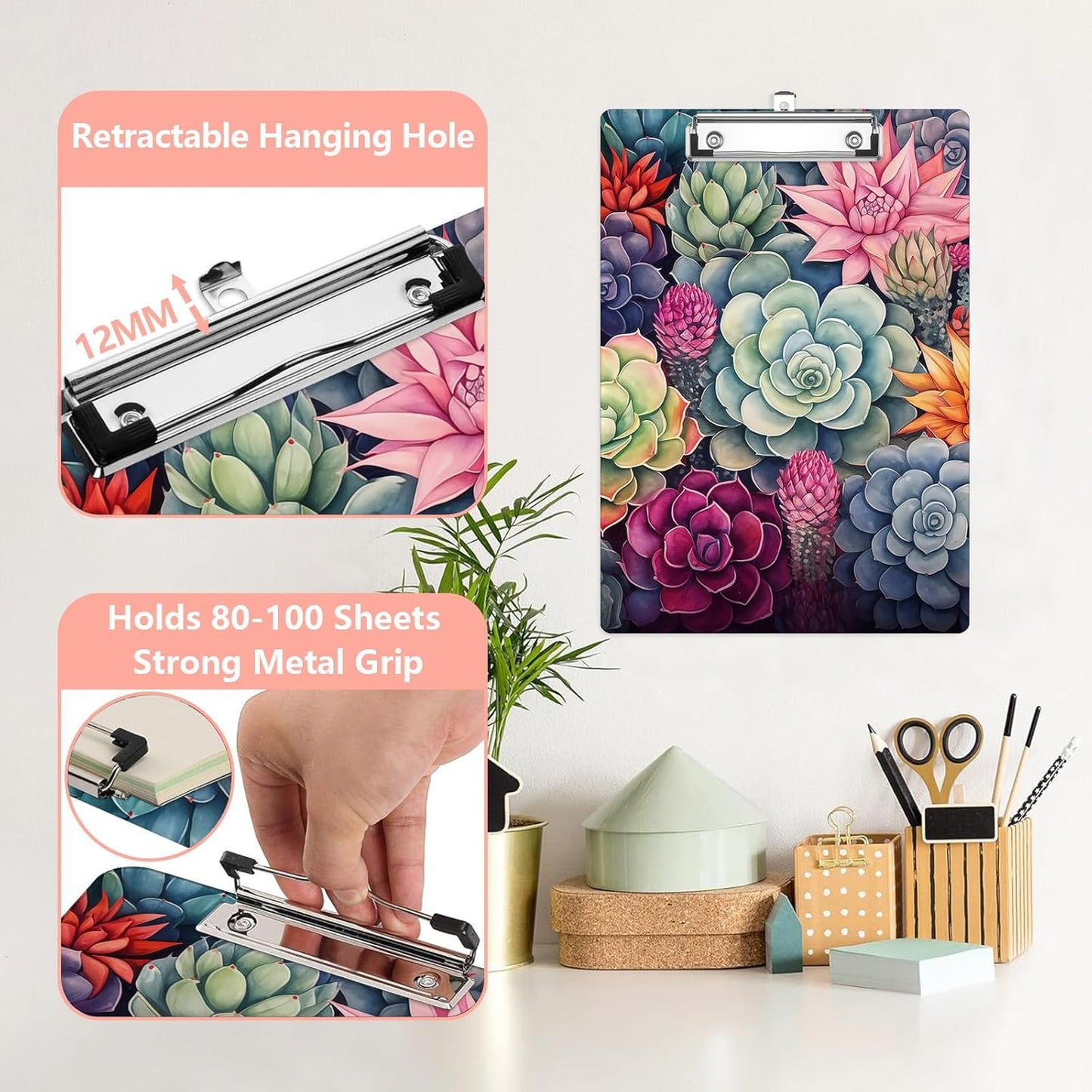 Cactus Succulent Plastic Clipboards,Cute Fashion Clipboard Decorative 8.5" x 12.5"Standard A4 Size Clipboards,Acrylic Clipboard for Teacher,Social Worker,Students,Nurse,Office Supplies