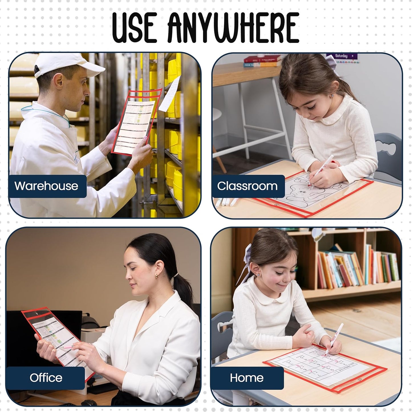 Essex Wares - 6 Pack, Red, Dry Erase Pocket Document Protectors, 10" Wide x 13.5" Tall - Clear Plastic Sleeves - Reusable & Easy Erase Plastic Invoice Holders, Water-Resistant & Durable