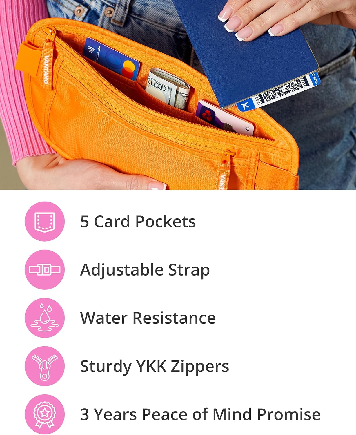 Vantamo Hidden Money Belt For Extra Safety, RFID Ultra-Thin Fanny Pack, 2 Compartment Money Bag Fits Passport & Phone