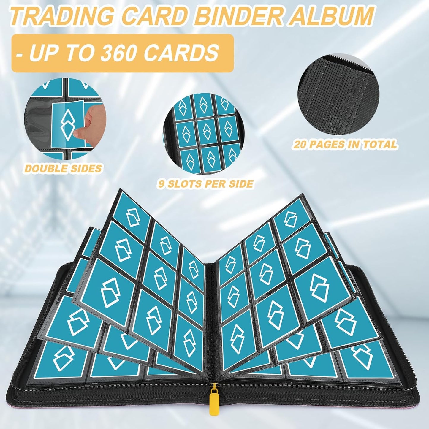 Trading Card Binder 9 Pocket, GERMUN PU Cover Card Binder for 360 Cards, Premium Trading Card Holder Folders, Double Sided Pocket Card Album for MTG, TCG (Orange)