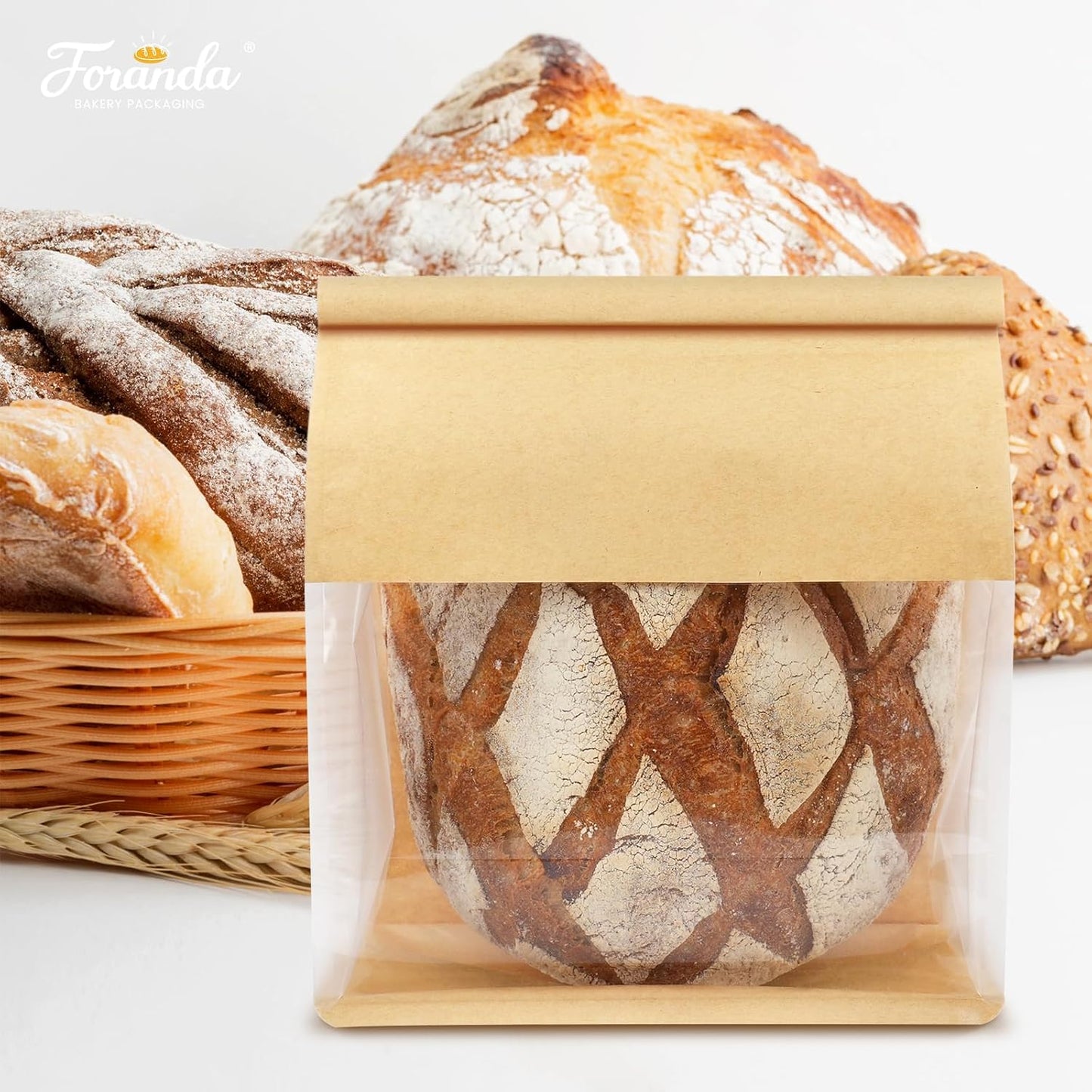 50 Pack Bread Bags for Homemade Sourdough Bread, 8.7x4.3x11 Inches Tin Tie Tab Lock Large Bakery Bag with Window Kraft Paper Loaf Packaging Bags for Gifting & Bake Sale