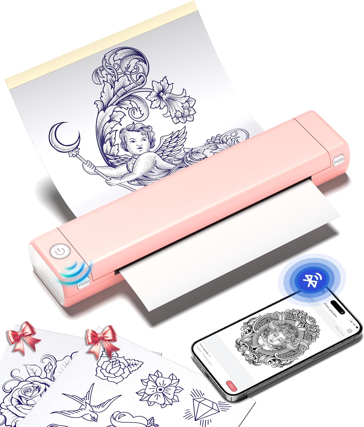 Phomemo Tattoo Stencil Printer, M08F Wireless Thermal Tattoo Printer with 10pcs Transfer Paper, Compatible with Phone/Tablet/PC, Tattoo Supplies for Tattoo Artists & Beginners, Pink﻿