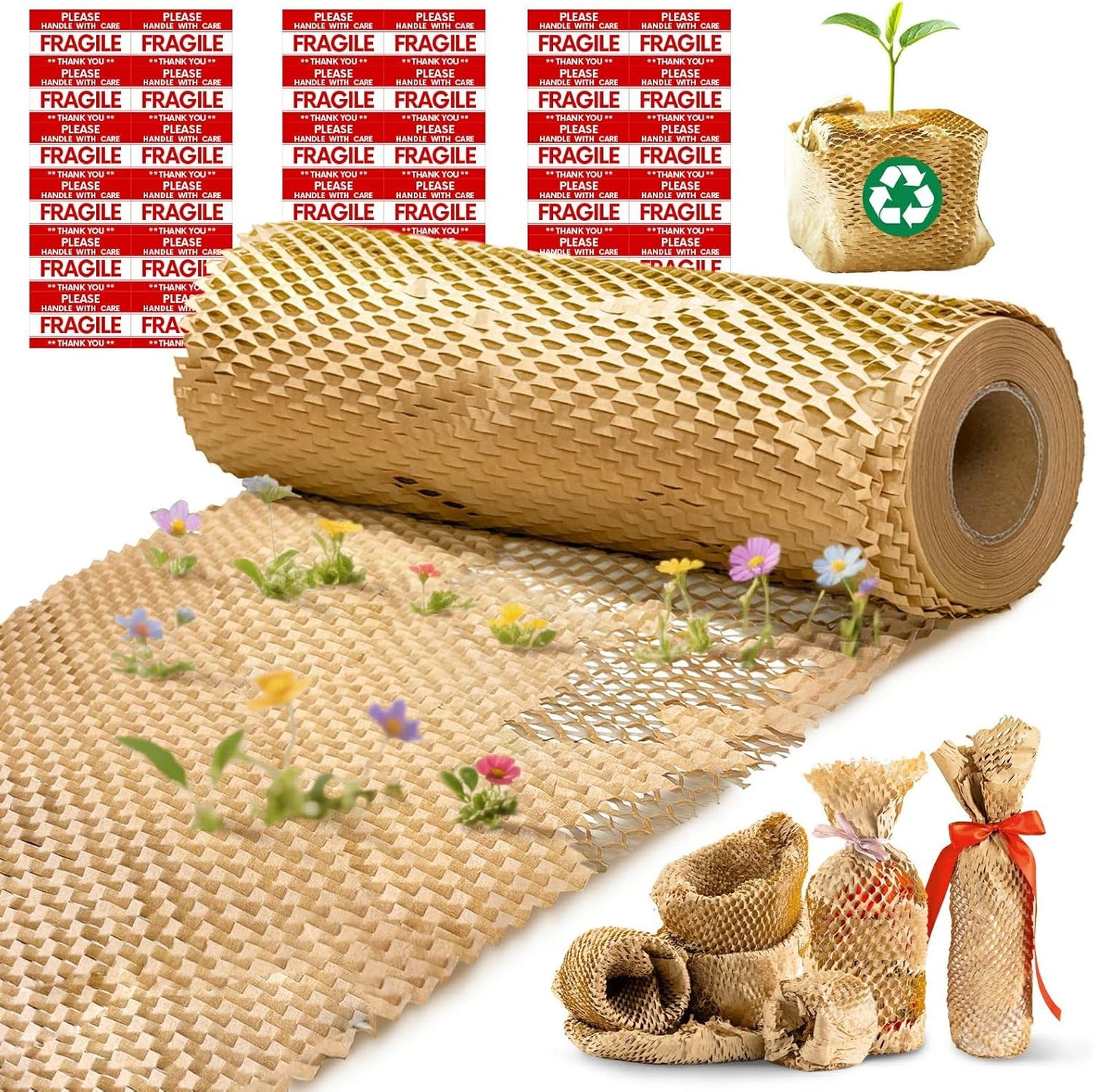 Honeycomb Packing Paper, 12"x50' Brown | Perforated Honeycomb Packing Paper Recyclable Moving Supplies for Shipping & Moving | Plastic-Free Alternative to Bubble Cushion Wrap with 36 Fragile Stickers