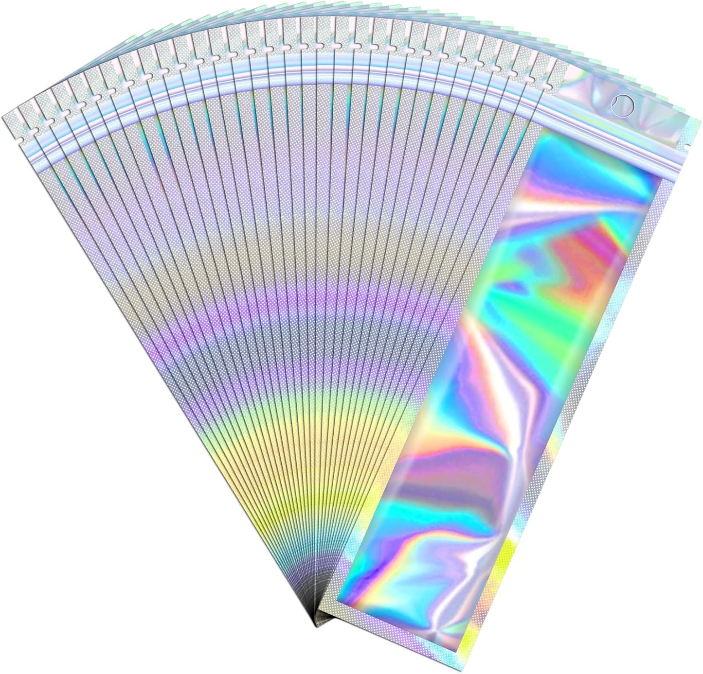 100 Pcs Mylar Bags - Holographic, Smell Proof, Resealable with Clear Window - Sealable for Pen, Brushes, Jewelry, Candy, Necklaces (2.4x9in)