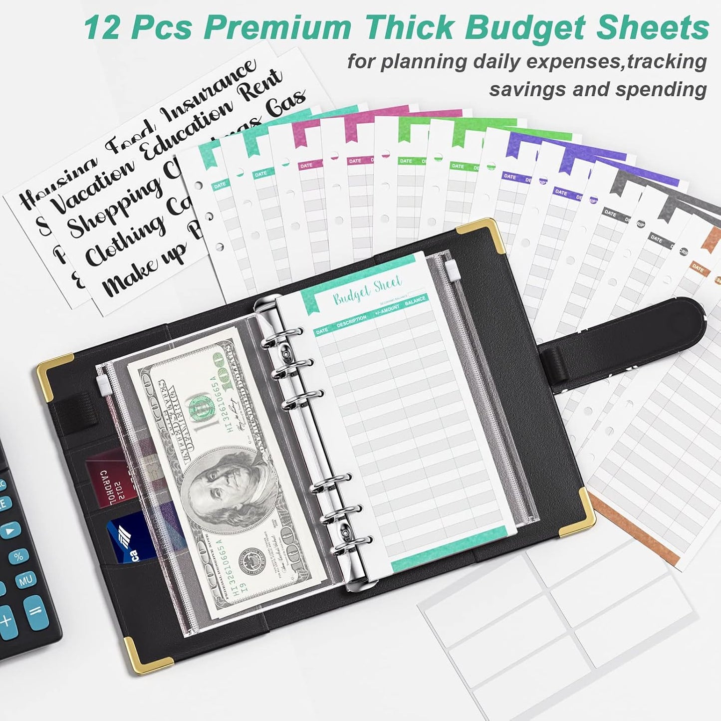 Rnivvi Budget Binder with Zipper Envelopes, A6 Money Saving Binder Cash Envelopes for Budgeting, PU Leather Planner Money Organizer for Cash Stuffing Planning, Cute System Wallet for Women Men, Black