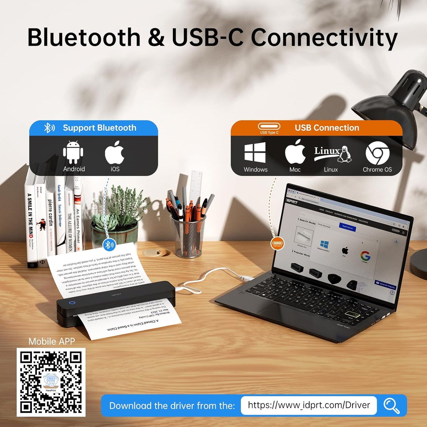 iDPRT Portable Printer Wireless for Travel, 300DPI Inkless Bluetooth Thermal Printer, Compatible with iOS, Android, PC, Small Mobile Printers Supports 8.5" x 11" US Letter for Home, Office, Vehicles