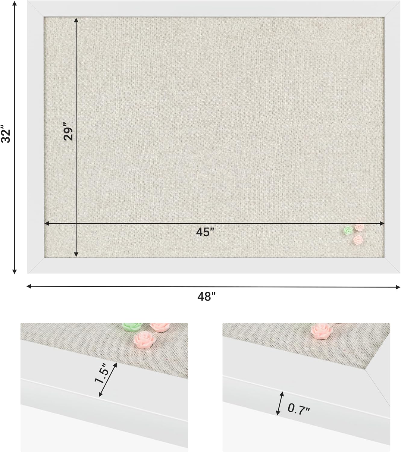 Board2by Farmhouse Linen Cork Bulletin Board 48 x 32, White Wood Framed 4 x 3 Corkboard, Office Board for Wall Decor, Large Pin Board Picture Board with 20 Pushpins for School, Home & Office