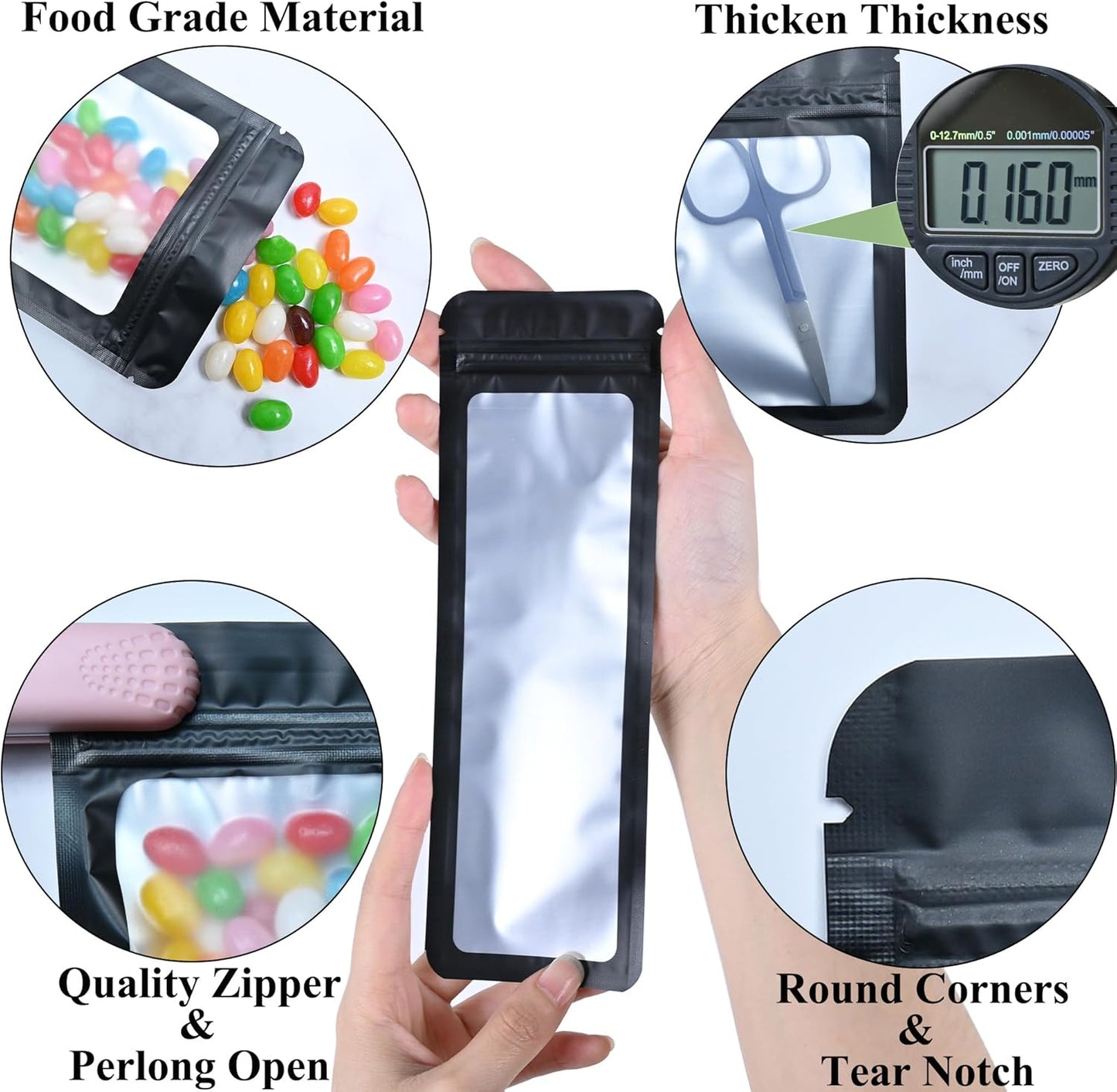 Resealable Mylar Pouch Pen Bags Great for Office Home Party Favor Food Storage Cookies Sample Jewelry Snack (100PCS, Black Color, 2.7 x 9 inch)