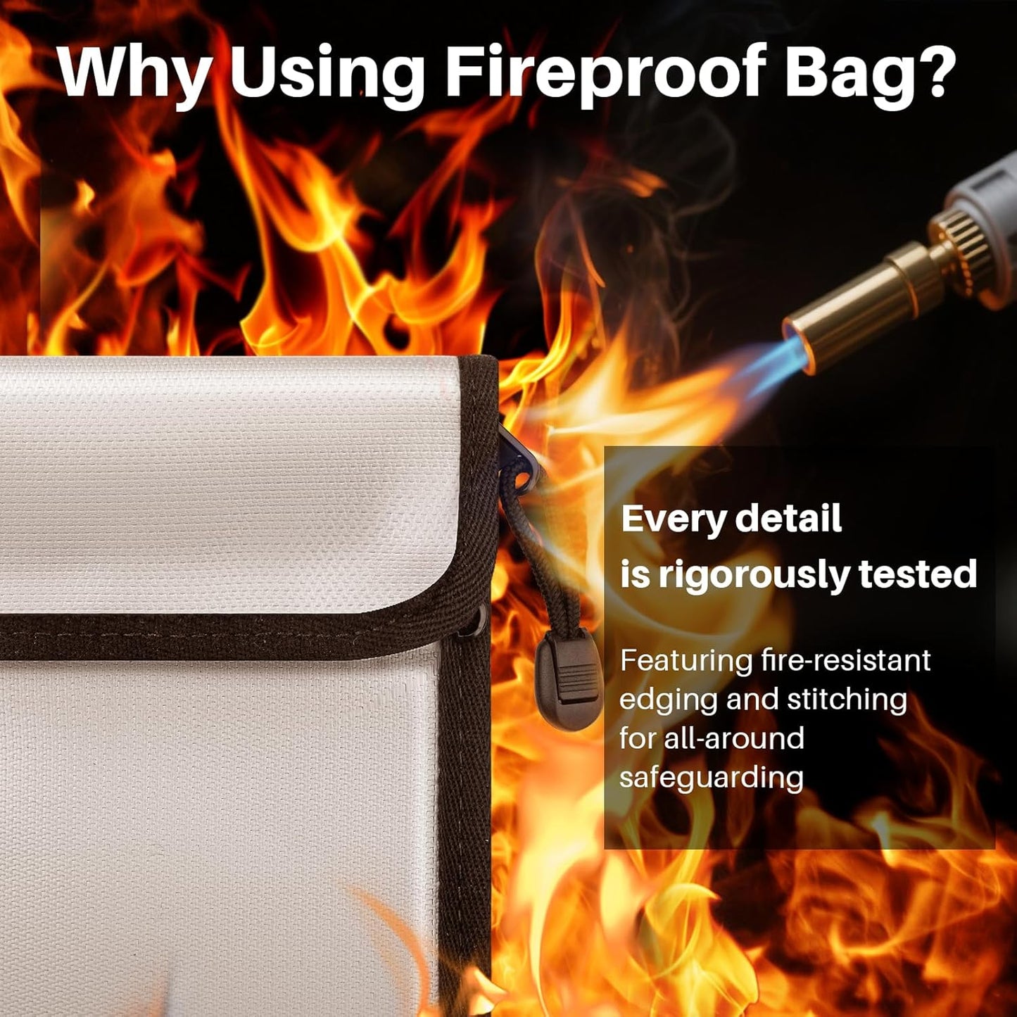 Fireproof Document Bag, 15 x 11 Inch Waterproof Documents Holder 2000℉ Safe for Important File Money Cash Legal Papers, Two Pockets Dual Zippered File Bag with Hand-held Strap & Reflective Strip
