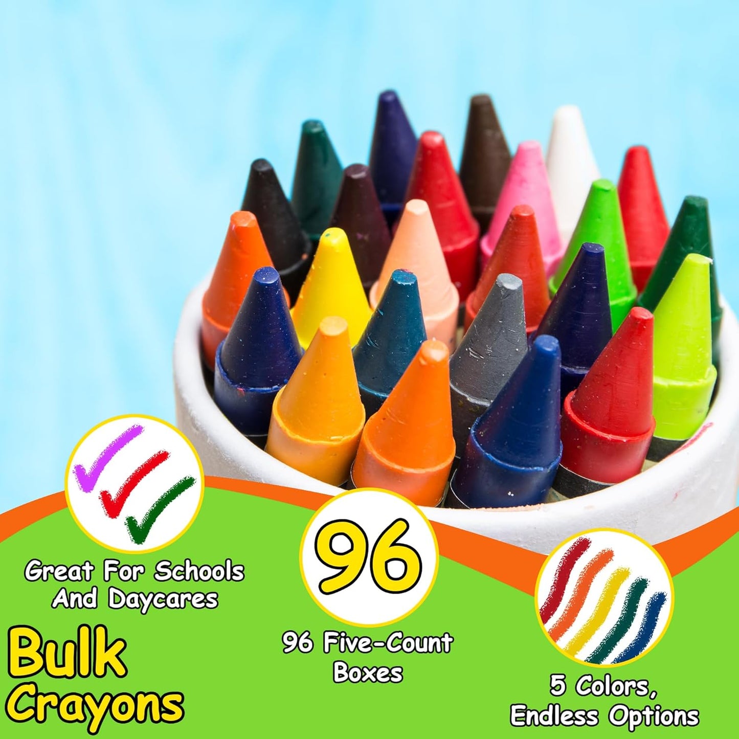 Trail maker Wholesale Bright Wax Coloring Crayons in Bulk 96 Pack Crayons, 5 Per Box in Assorted Bundle Art Sets (96 Pack)