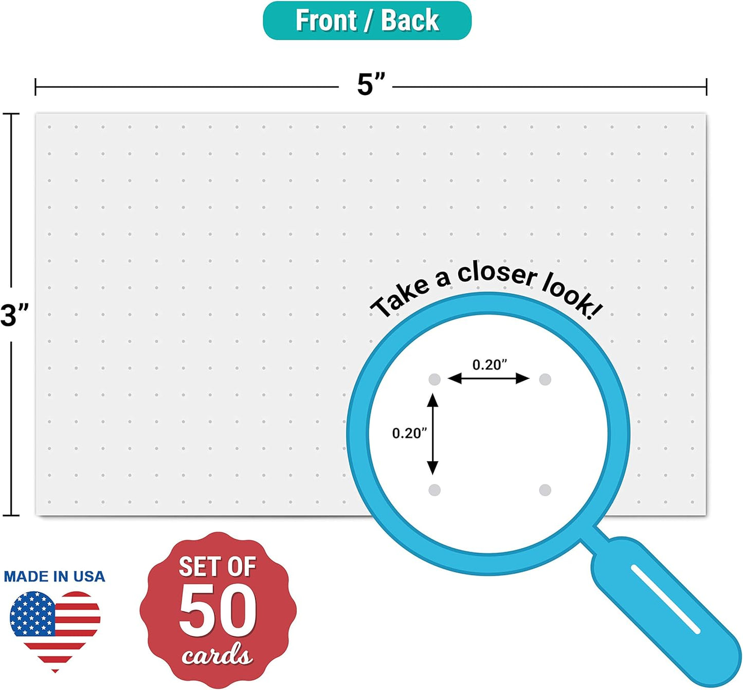 321Done Dot Grid Index Cards, Dot Pattern - Made in USA - Extra Small 3x5 (Set of 50) Dot Bullet 0.20 Double-Sided Journal Planning Graph Ruled Grids Thick Heavy Duty Cardstock, White