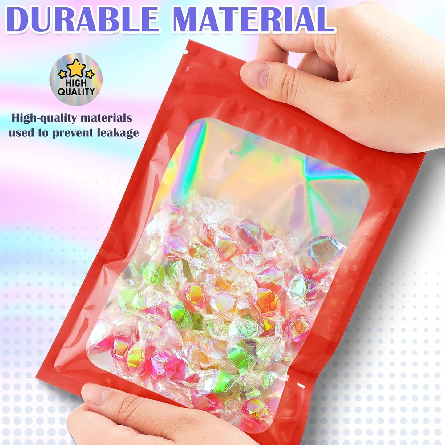 300 Pcs Mylar Bags, Smell Proof Bags Foil Pouch, Holographic Resealable Bags for Small Business, Candy Sample Jewelry Bag Sealable Packaging for Party Favor Food Storage (5.5x7.9in-Red)