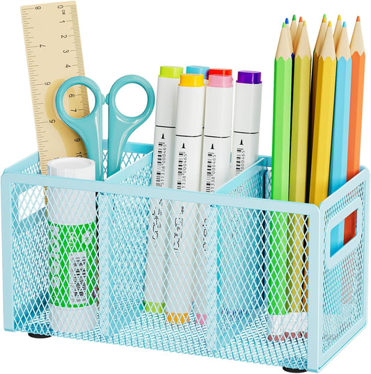 Marbrasse Mesh Pen Holder for Desk,Pencil Holder Desk Organizer 3 Adjustable Compartments,Pencil Cup with Handle Perfect for Classroom, Office, Home,Makeup,Art (Blue)