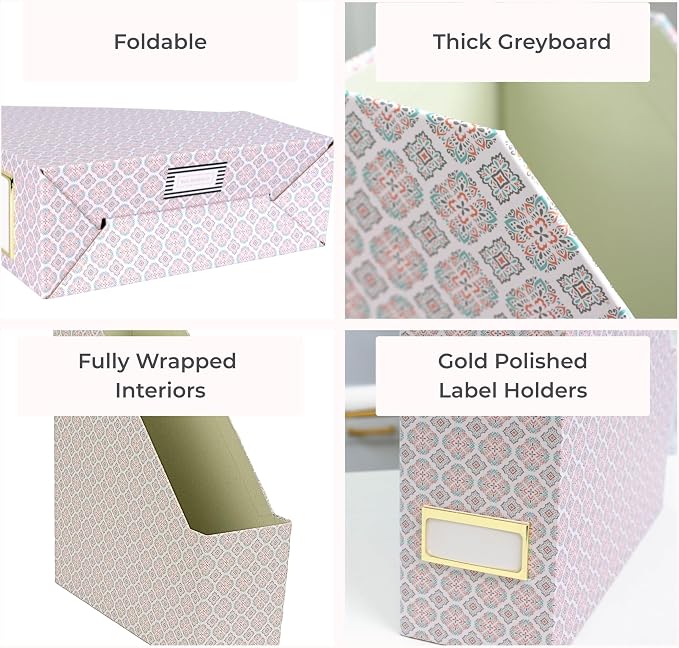 BLU MONACO | Foldable Magazine File Holder Set of 4 | Moroccan Tile Cardboard - Image 7
