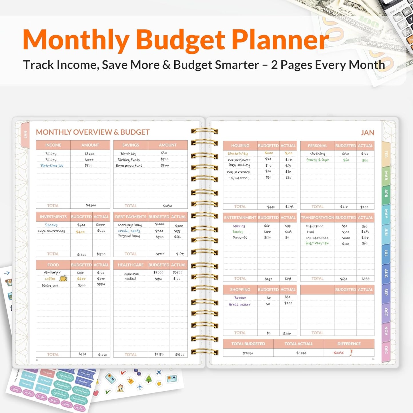 SUNEE 2026 Budget Planner - Deluxe Monthly Budget Book from JAN 2026 - DEC 2026, Bill Organizer with 12-Pockets, Expense Tracker Notebook B5 Size (8" x 10"), Finance Planner Account Book, Green
