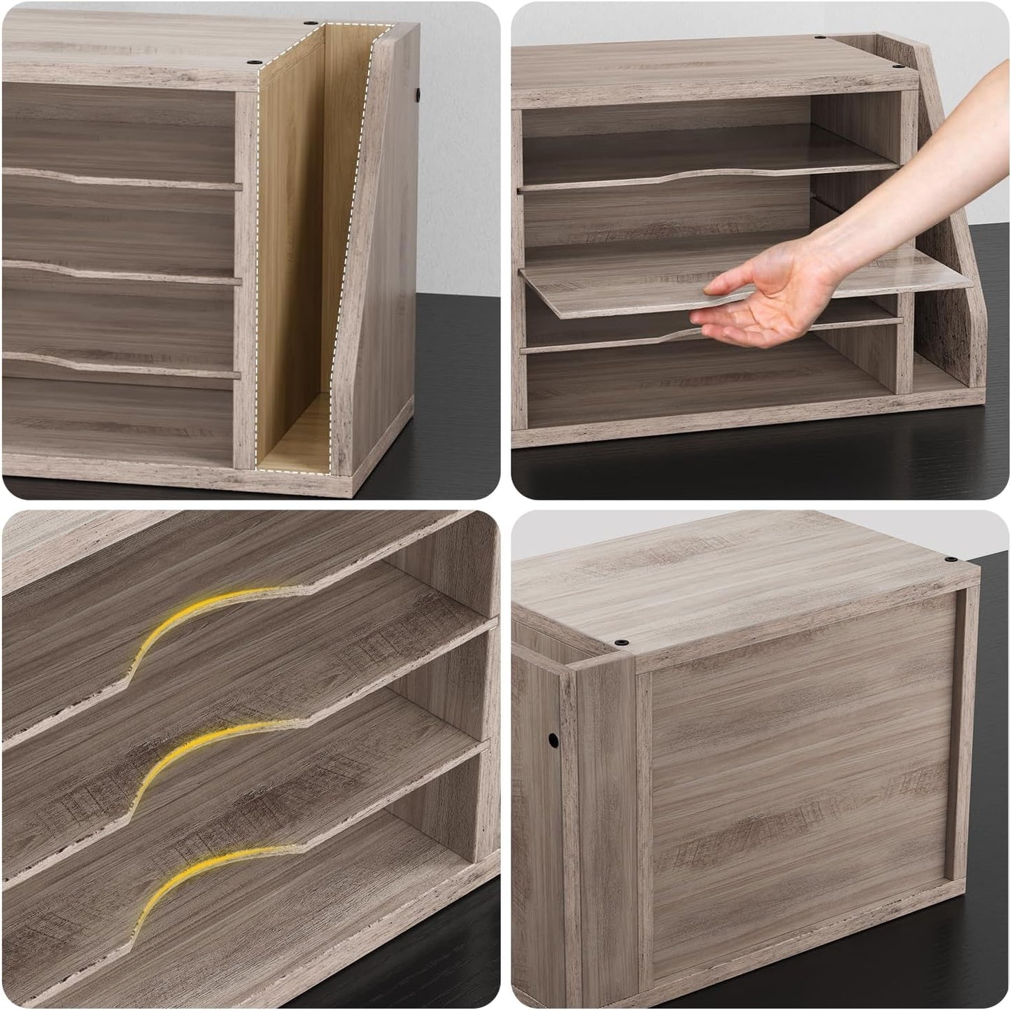 File Organizer Desktop, Wood Desk Organizer with 3 Adjustable Shelves, Mail Paper Sorter for Office, Home, File Holders for Envelopes, Mail Supplies or Magazines, Greige